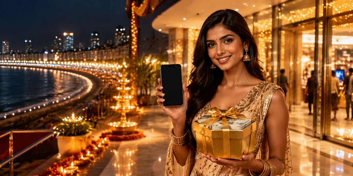 Diwali celebration with festive lights and casino app promotions in Mumbai